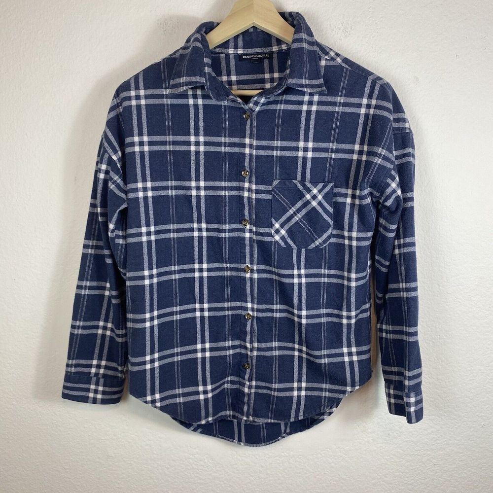 Brandy Melville Women's Button Front Shirt Blue Plaid Long Sleeve Flannel